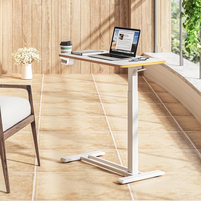 SANODESK 28''Mobile Standing Desk with Hidden Wheels,Pneumatic Laptop Desk | Computer Cart Movable Height Adjustable Table Small Sit Stand Desk for Home Office Hospital Use,27.6" W x 15.7" D,White Maple