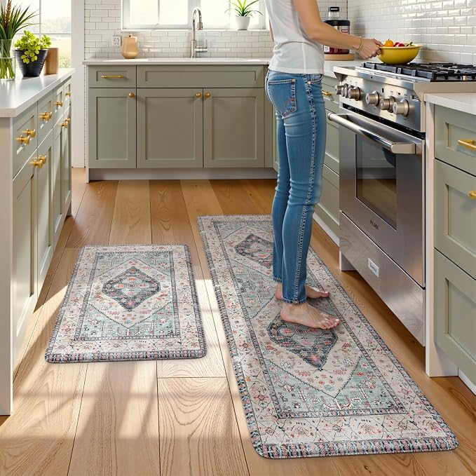 KIMODE Anti Fatigue Kitchen Mats, Boho Distressed Kitchen Rugs 20"x59"+20"x32", Non Slip Waterproof Kitchen Floor Mats, Comfort Foam Mats for Kitchen Floor Sink Laundry Office Desk Blue