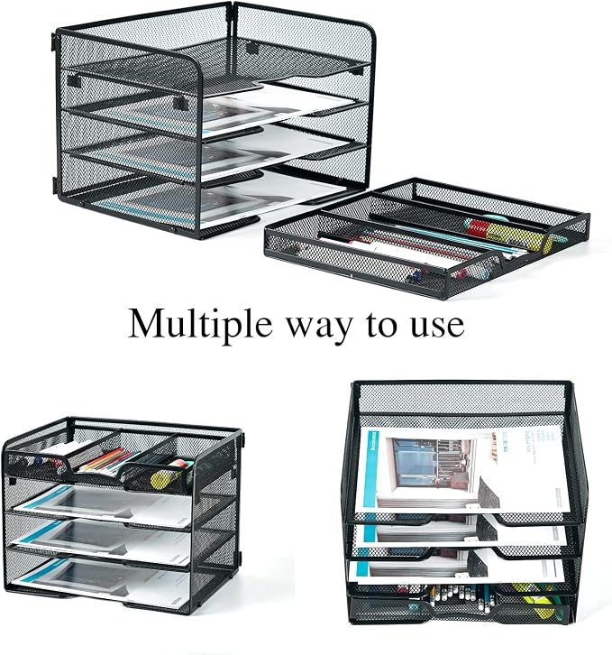 SETTFRFE 4-Tier Metal Desk Organizer-Paper Letter Tray with Drawer,Black | Desktop File Organizer with 2 Sliding Trays & 1 Drawer,Office Supplies Organizer and Storage for Office,Classroom,Home