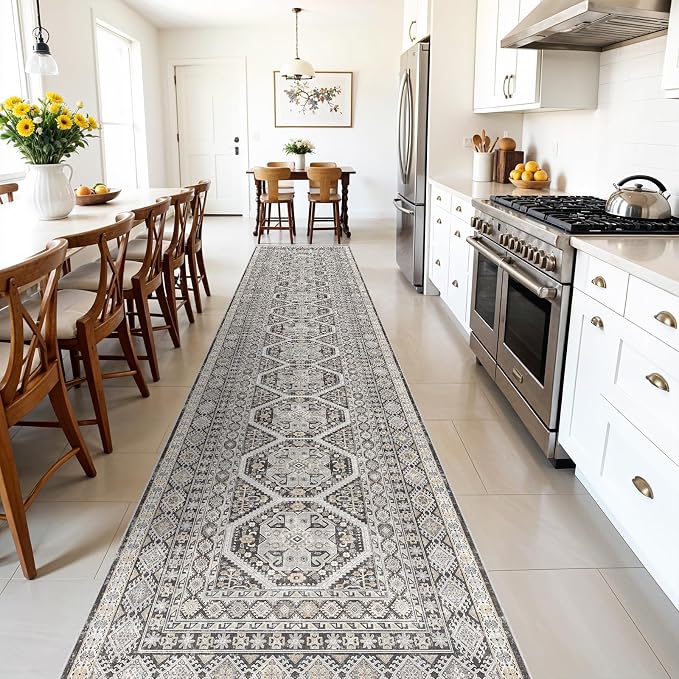 3x20 Runner Rug Kitchen Washable:Oriental Indoor Hallway Runners with Non Slip Backing Floor Mat for Entryway Door Low Pile Thin Carpet for Bedroom Bathroom Living Room Bedside (Black, 3x20)
