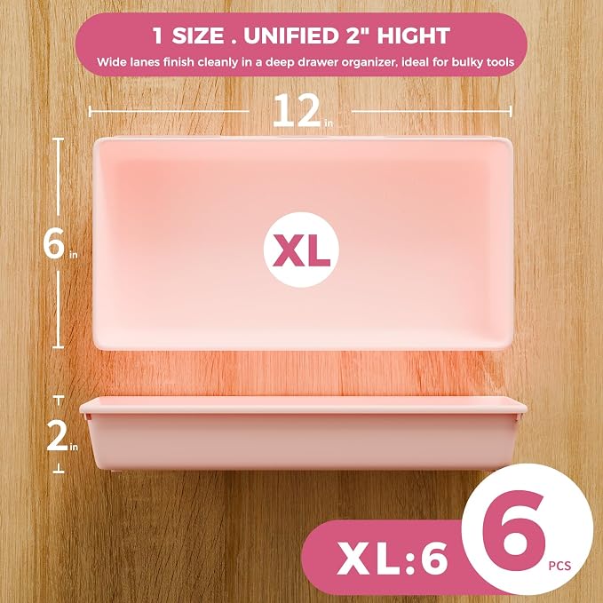 [6 PCS Extra-Large] Pink Drawer Organizer Trays with Non-Slip Pads, Interlocking Storage Bins for Vanity, Desk, Bathroom, Kitchen, Home Office and Utility Drawers