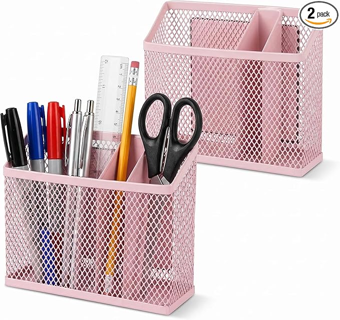 Neudeco Magnetic Pen Holder-Strong Magnet Mesh Storage Basket for Refrigerator, Kitchen, Locker-Magnetic Marker Holder on whiteboard for Dry Erase Markers for school, office, Pack 2 (Pink)