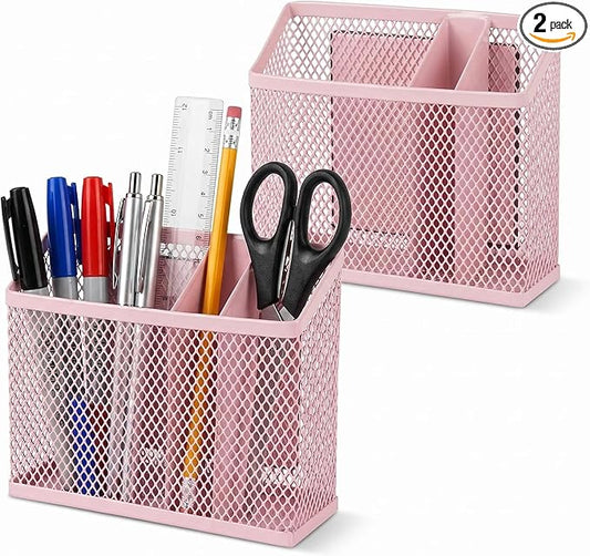 Neudeco Magnetic Pen Holder-Strong Magnet Mesh Storage Basket for Refrigerator, Kitchen, Locker-Magnetic Marker Holder on whiteboard for Dry Erase Markers for school, office, Pack 2 (Pink)