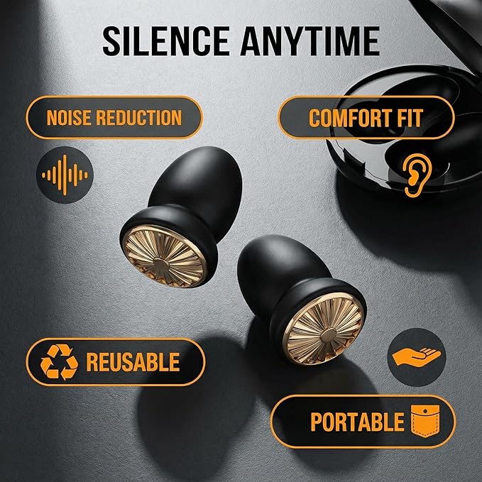 2026 airbag Type Noise reducing Silicone earplugs, Reusable earplugs for Sleep Noise Reduction, Music Concerts, Motorcycles, Travel and Hearing Protection 48dB -8 XS/S/M/L earplugs (Black Gold)