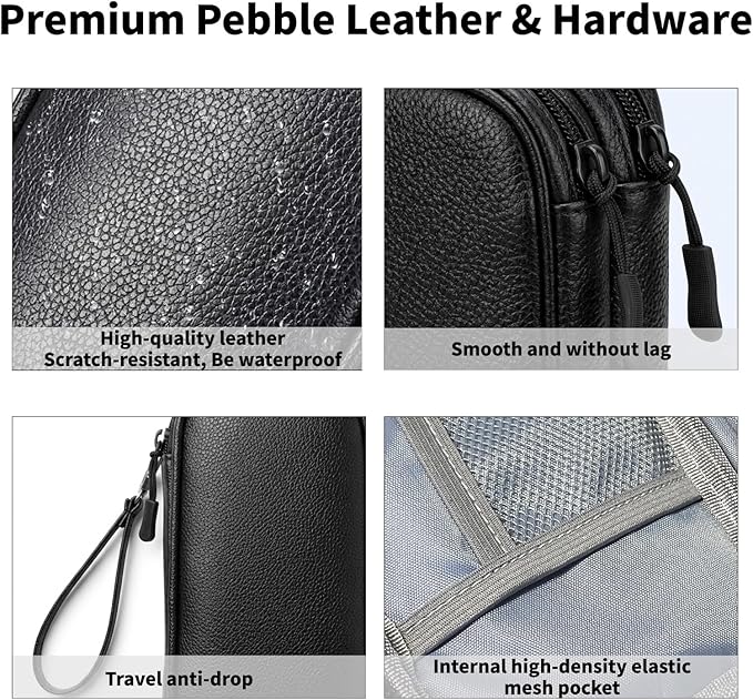 Leather Electronic Organizer Bag, Waterproof Travel Tech Pouch for Cord, Cable, Charger, Phone & Accessories (Black)