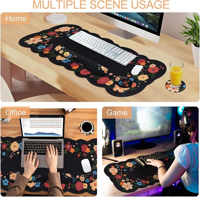 Petmolico Desk Pad Set with Wrist Rest for Keyboard & Mouse, Black Floral | Anti-slip PU base, durable Lycra & memory foam, relieves wrist fatigue, perfect for work, home & daily use