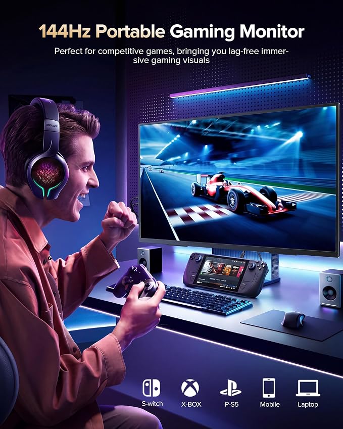 Newsoul 23.8'' Portable Monitor 144Hz Gaming Monitor, 145% sRGB | 2000:1 | FreeSync Built-in Adjustable Stand, Speaker and VESA, USB-C HDMI Large Second Screen for Laptop, Mac-Book, PC, Game Console