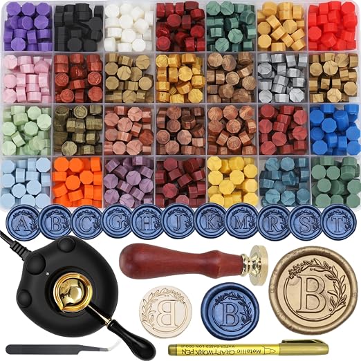 732 Pcs Sealing Wax Stamp Kit with Electric Wax Seal Warmer, Initial Alphabet C Seal Stamp, 28 Color Waxseal Beads, Spoon, Letter Sealingwax Stamp Kit (C)