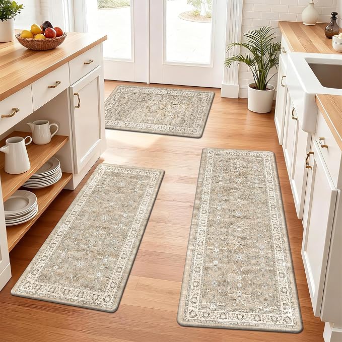 Pauwer Anti Fatigue Kitchen Floor Mats Set of 3, Cushioned Rug, Light Brown | Non Slip Comfort Standing Mat, PVC Foam Padded Kitchen Rugs, Waterproof Sink Rug for Small Kitchen Area, Laundry Room