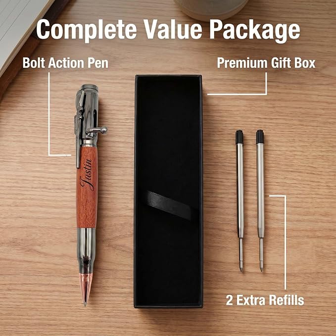 Personalized Bolt Action Pen Gift Set,Free Engraved Metal Ballpoint Pen with 2 Refills,Office Decor Pen,Custom Gifts for Men,Husband,Father,Boyfriend,Grandfather,Brothers. (Wooden)