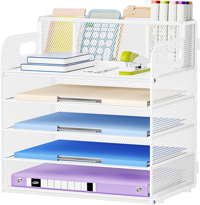 Marbrasse Paper Organizer, Mesh Desk Letter Tray with 3 Pen Holders,White | Paper Sorter Desk Organizer for Letter/A4 Office File Folder Holder Home Office Supplies