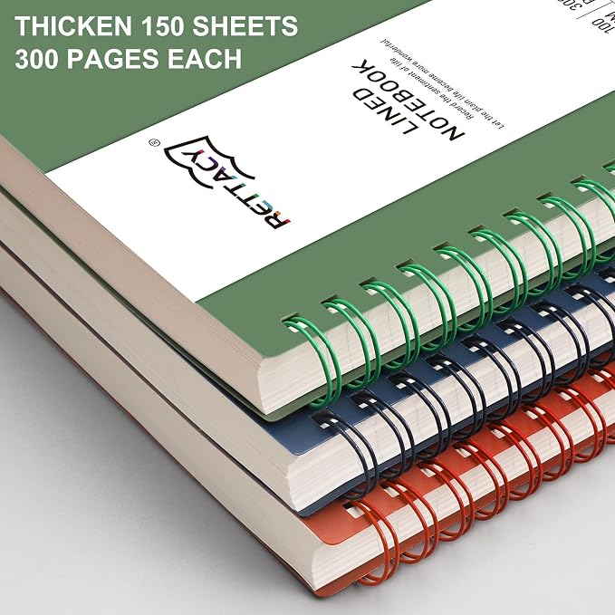 RETTACY Spiral College Ruled Notebook, 300 Pages, B5 Medium Size (7.4" x 10"), for School, Work, Writing, Journaling, 100 GSM Thick Paper, Flexible Plastic Cover (Dark Green)