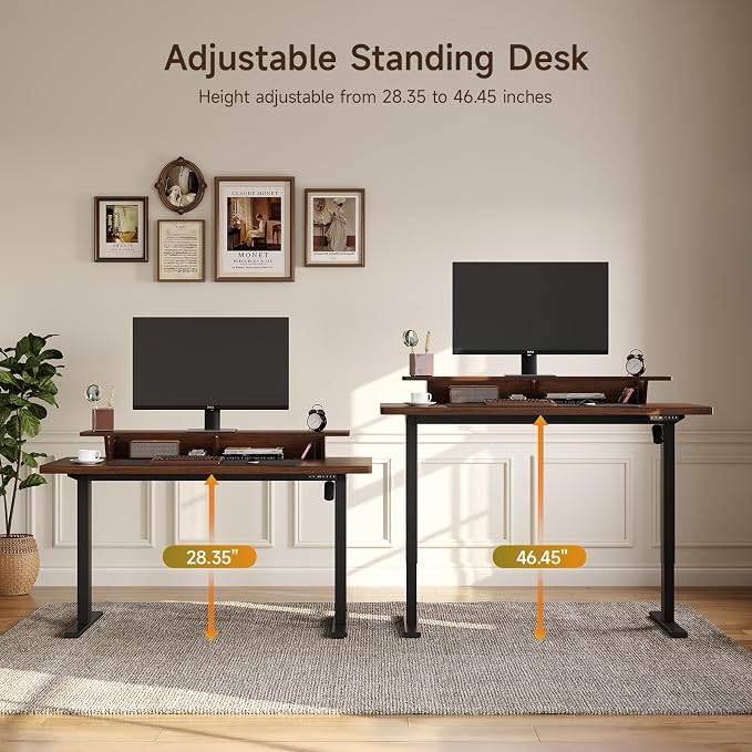 ONBRILL 55" Electric Standing Desk with 55" File Cabinet, Adjustable Height Home Office Furniture Set with Monitor Stand and 3 Drawers, Executive Workstationfor Home Office, Walnut
