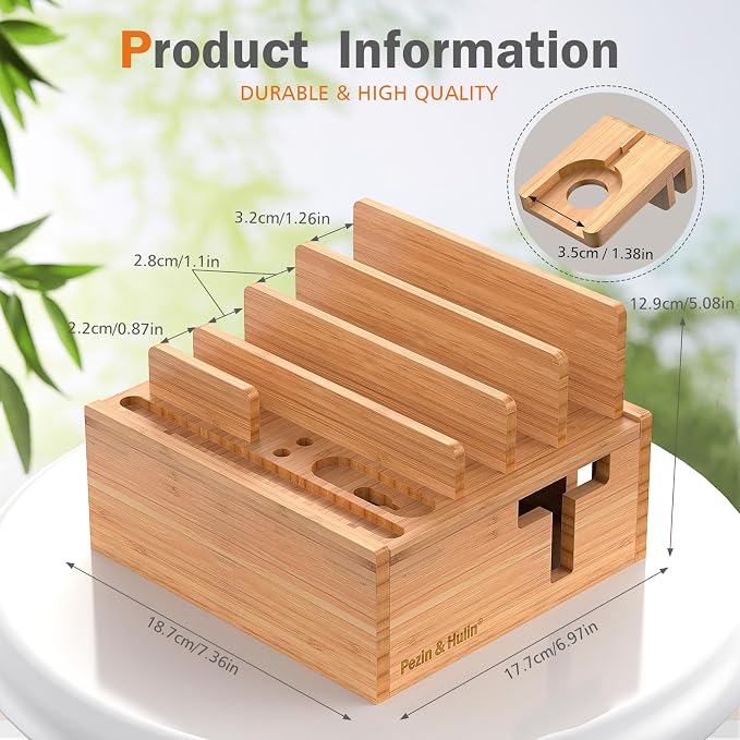 Pezin & Hulin Bamboo Charging Station for Multiple Devices with 5-Port HUB | Desktop Organizer, Wooden Docking Stations, All-in-1 Bamboo Dock Rack for Phones, Tablets, Watch–with 5 Cables