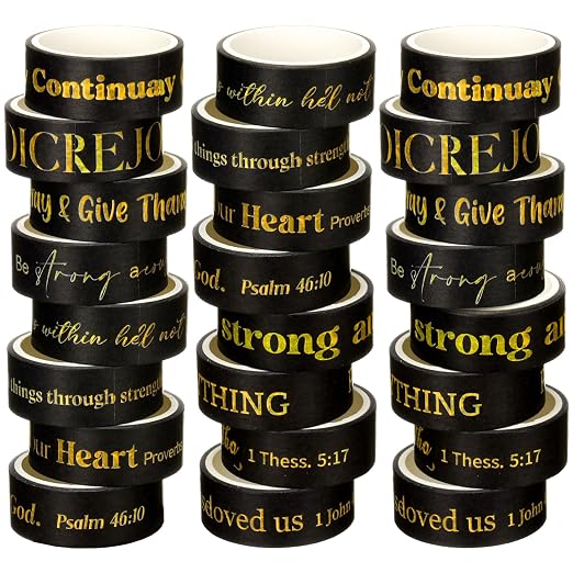 24 Rolls Back to School Christian Washi Tape for Men Bulk Vbs Religious Scripture Gold Foil Black Bible Verse Washi Tape for Bible Journaling Crafting Students Father's Day Bulk Gifts