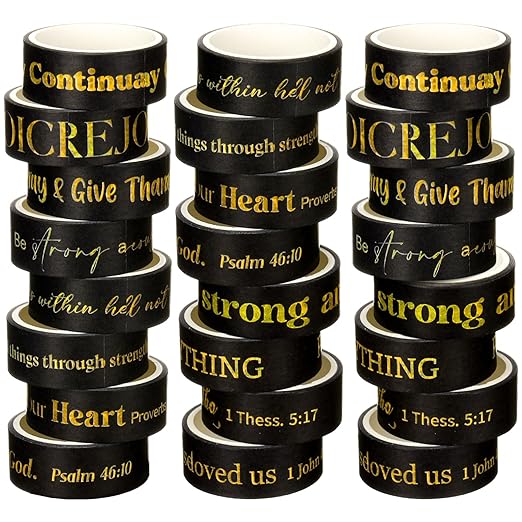 Janlaugh 24 Rolls Christian Washi Tape for Bible Journaling Black Gold Bible Verse Decorative Tape Bulk Religious Inspirational Scripture Supplies Gifts for Arts DIY Crafts Journals Wrapping