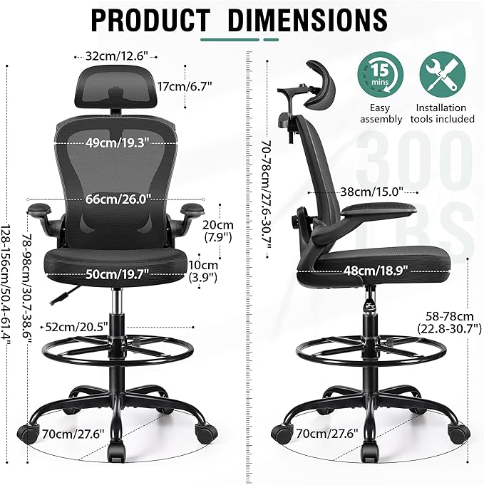 AtHope Drafting Chair, Tall Office Chair with 3D Lumbar & Head Support | Ergonomic Mesh Standing Desk Chair with Footrest Ring, Comfy Extended High Desk Chair with Flip-Up Arms & Hanger, Black
