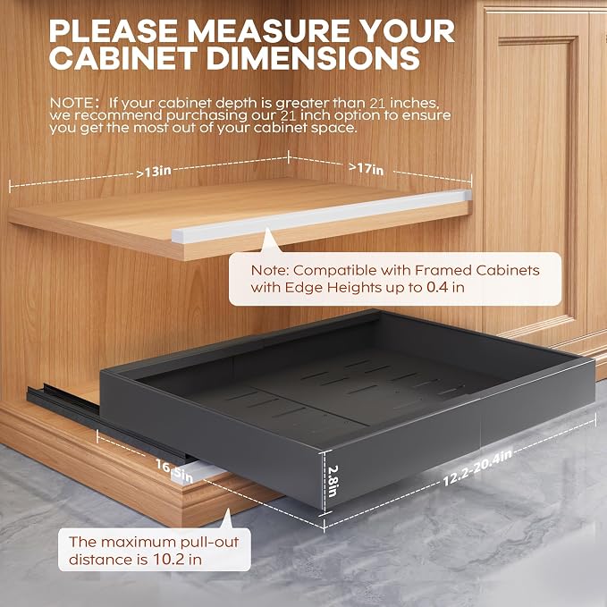 Seinloes 2 Pack Expandable Pull Out Cabinet Organizer 16.5"Deep With Raising Pad for Framed Cabinets,Upgrade 3 Slide Rails Slide Out Drawers,No Drill Roll Out Shelves,Adjustable Width 12.2"-20.4"Black