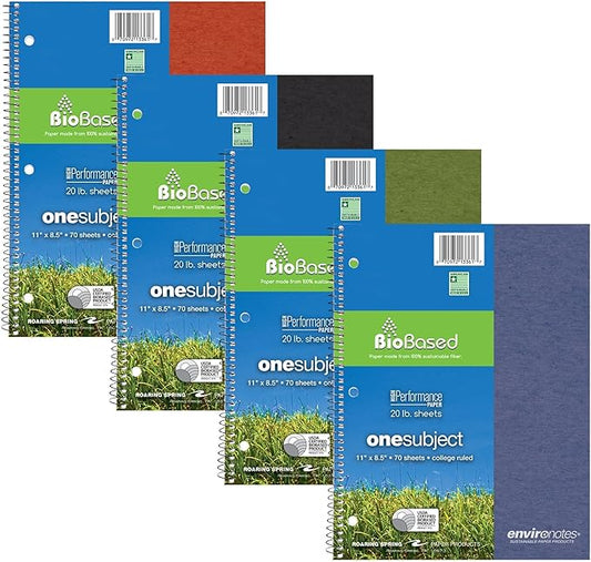 Roaring Spring Environotes Recycled Spiral Bound 1 Subject Notebook, College Ruled, 70 Biobased Sheets, 11" x 8.5", Assorted Earthtone Color Covers, Pack of 4
