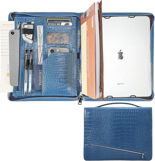 Croc-Embossed Leather Portfolio Binder with Handle, 13 inch Padfolio Holder, Professional Executive Resume Folder for Men & Women, Zippered Business Organizer, Navy Blue