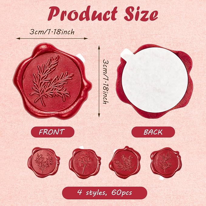 60Pcs Wax Seal Stickers, Wedding Invitation Envelope Seal Stickers Adhesive Backed Red Rose for Wedding,Birthday Party,Gift Wrapping (4 Leaf Styles)