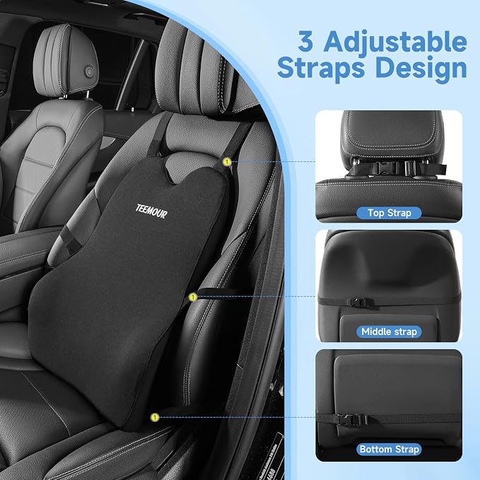 Teemour Lumbar Support Pillow for Car Seat, Memory Foam Back Support Pillow with Adjustable Straps, Medium Soft Car Back Cushion for Driving, Truck, SUV, Office Chair, Black
