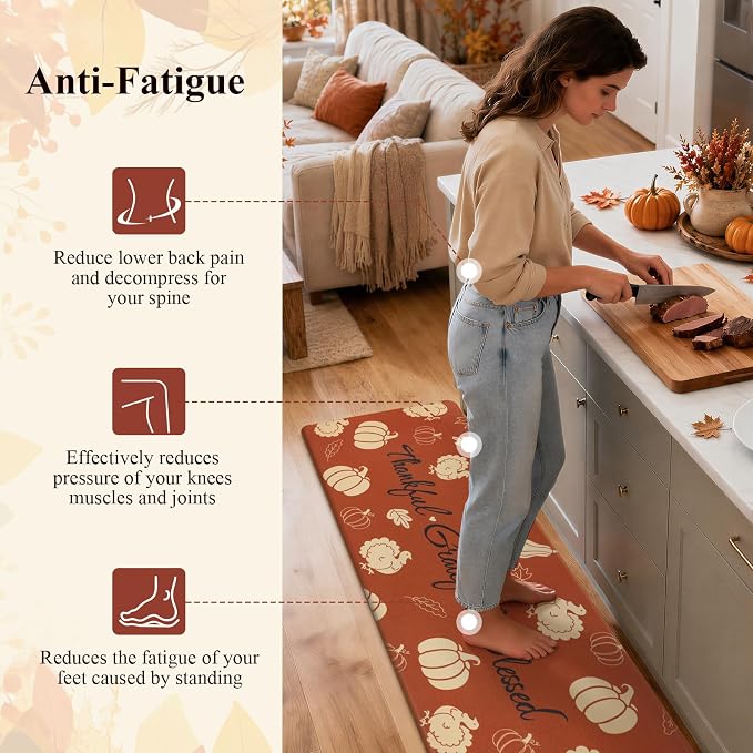 Ileading Fall Kitchen Mats Anti Fatigue, Pumpkin Kitchen Rugs Sets of 2 | Cushioned Non Slip Autumn Kitchen Mats for Floor, Waterproof Padded Floor Carpet for Harvest Thanksgiving