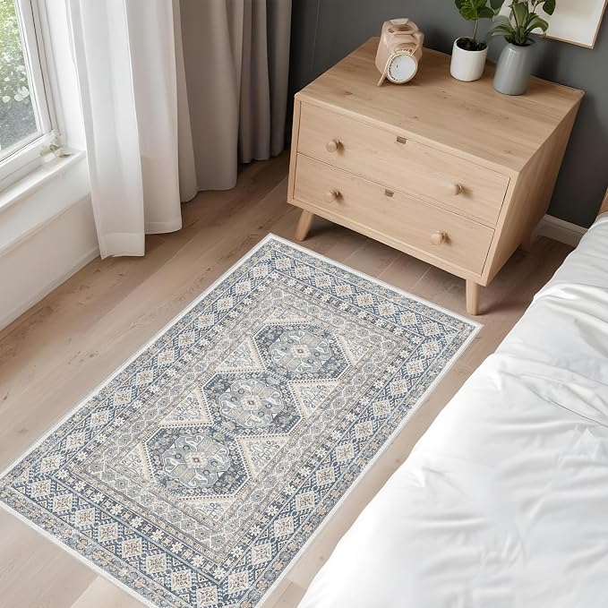 Washable Area Rug Non Slip - 2x3 Small Kitchen Boho Rug Vintage Entryway Low Pile Carpet for Doormat Blue (Blue, 2x3)