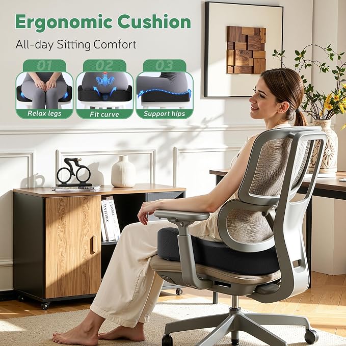 Benazcap Memory Foam Seat Cushion, Ergonomic Office Chair Pressure Relief | Premium memory foam cushion with breathable cover, ergonomic design for office chairs, cars, wheelchairs.