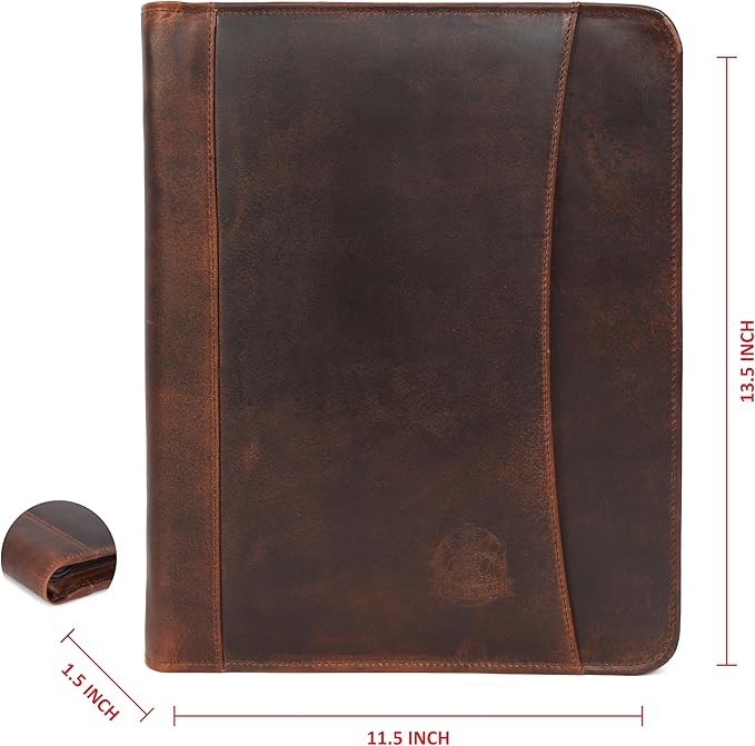 Leather Portfolio for Men, Portfolio Organizer with Zipper for Men Women, Leather Padfolios Business Resume Legal Pad Notebook Binder for A4/Pad (Brown)
