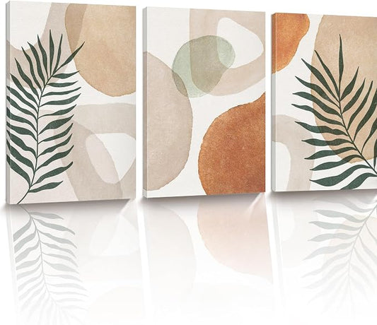 HesenDot Abstract Botanical Wall Art Set of 3, 40x60CM Neutral Plant Framed Canvas Prints, Beige Green Boho Aesthetic Wall Decor for Living Room Bedroom Bathroom Office Home