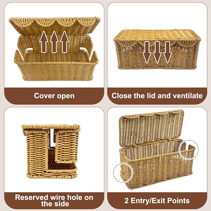 Scalloped Edge Handmade Cable Management Box, Elegant Plastic Rattan Cable Organizer, 2 Open Slots Sturdy Cord Hider Box, Under Desk Cord Organizer for Home TV Wires Computer Router USB Hub Strips