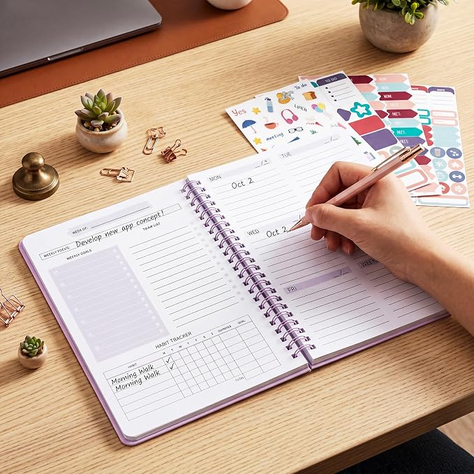 Thboxes Undated Weekly Planner with Habit Tracker, 52 Weeks To Do List Notebook A5 Weekly Goal Planner with Spiral Binding & Stickers Home Work School Supplies for Women Girls 8.2" x 5.7" - Purple