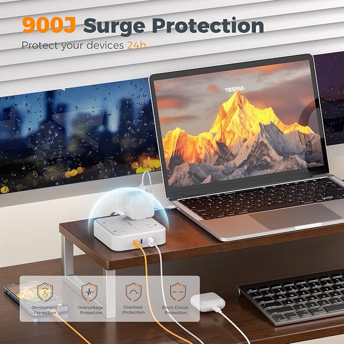 TESSAN Surge Protector Flat Extension Cord 15Ft, Flat Plug Power Strip with 4 Outlets 3 USB Ports (2 USB C), 900 Joules Protection, Multiple Wall Outlet Extender Suitable for Home Office Dorm, Grey