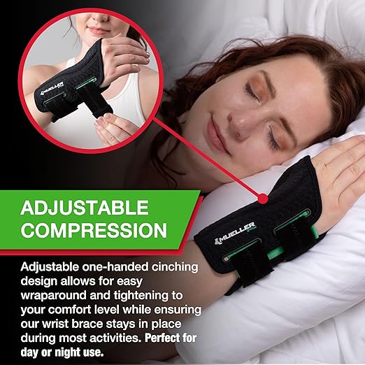 MUELLER Sports Medicine Green Fitted Wrist Brace for Men and Women, Wrist Pain Relief Support, Ideal for Carpal Tunnel, Tendonitis, Arthritis, Right Hand, Black, Small/Medium