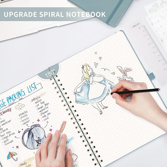 AHGXG Dotted Journal Spiral Notebook 8.5" x 11", Large A4 Leather Hardcover Dotted Notebook, 100 GSM Thick Dot Grid Paper, Inner Pocket, for Dotted Journaling, GrayBlue