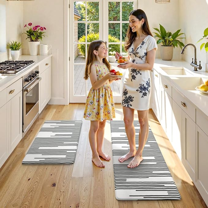 KIMODE Anti Fatigue Mats for Kitchen Floor,Farmhouse Kitchen Rugs Sets of 2 | 17"x47"+17"x29" Cushioned Kitchen Floor Mat Non Skid,Memory Foam Kitchen Mat for Laundry Office Sink Desk Black Lines Decor