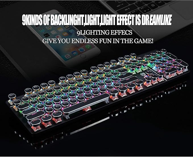 Typewriter Style Mechanical Gaming Keyboard LED Backlit Wired with Blue Switch Retro Round Keycap 104 Keys Keyboard (Black 104 Keys LED)
