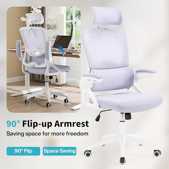 Ergonomic Office Chair,Mesh Office Chair with Lumbar Support,High Back Desk Chair with Flip-up Arms,400 lbs Big and Tall Computer Chair with Headrest,Comfy Desk Chairs (Lavender)