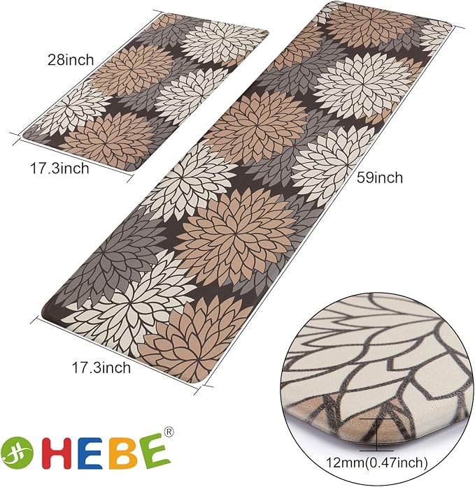 HEBE Anti Fatigue Kitchen Rugs Set of 2, Cushioned Kitchen Mats for Floor | Non Slip Washable Kitchen Runner Rug Set, Floral Stain Resistant Waterproof Comfort Mat Carpet for Sink, Standing Desk