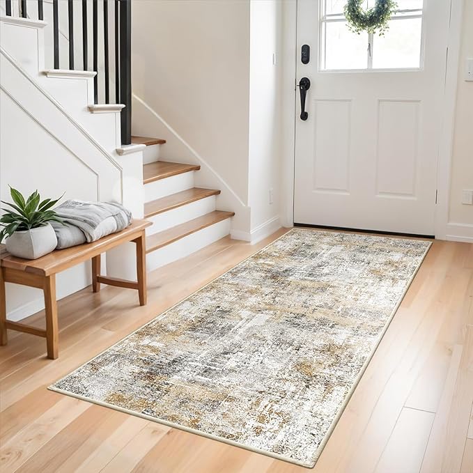 3x6 Washable Non-Slip Kitchen Runner Rug – Modern Abstract Wide Carpet Runner with Rubber Backing for Entryway, Hallway, Bathroom Low Pile Thin (Gold Grey)