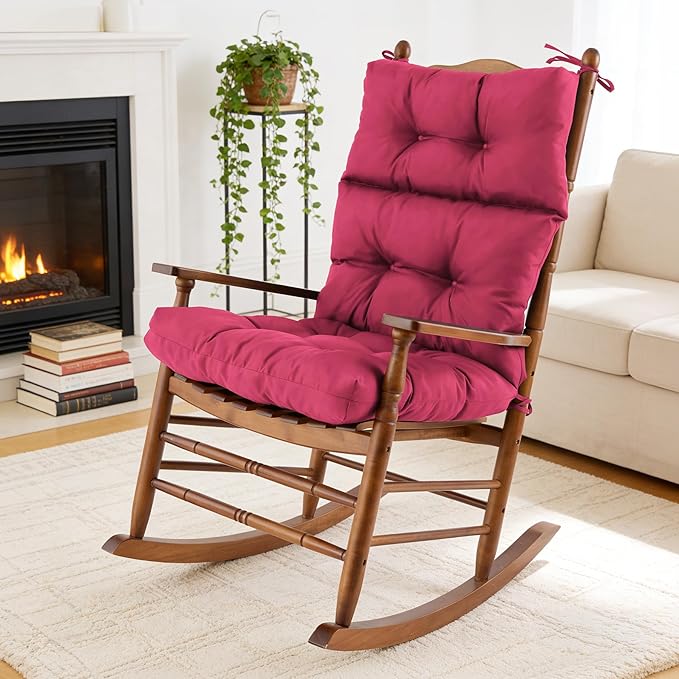 Rocking Chair Cushion, Waterproof and Fade-Resistant Adirondack Rocker Cushions, Indoor/Outdoor Rocking Chair Pads, High Back Memory Foam Patio Furniture Cushions with Ties, 44x23x4 Inch, Burgundy