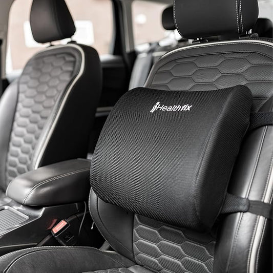 Healthfix® Car Lumbar Support Pillow – Orthopedic Memory Foam Back Cushion for Car Seats, Ergonomic Lower Back Support, Breathable Cover, Adjustable Strap – Medium (130–200 lbs)