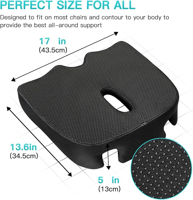 Benazcap Standard Memory Seat Cushion, Sciatica Pain Relief, Black | Ergonomic design, Office Chair, Memory Foam Firm for Car, Wheelchair, Gaming Chair and Desk Chair
