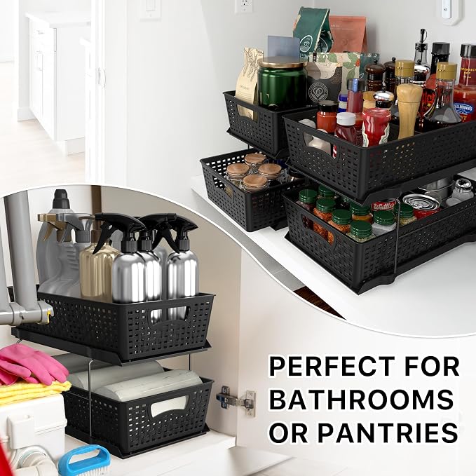 Simple Houseware 2 Tier Pull-Out Sliding Drawer Under Sink Storage, Black | Great for Kitchen Bathroom Tray Shelf Organizer