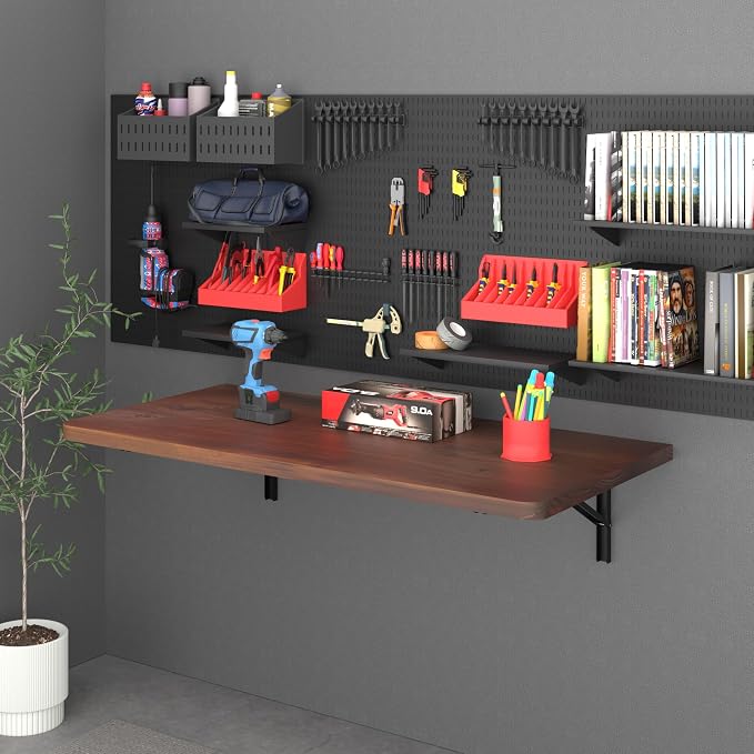 IAE Floating Wall Mounted Folding Table Desk with Pine Wood,36"x22" Folding Workbench,Fold Down wall Mounted Foldable Table with Shelf Brackets,Laundry Folding Table for Apartment,Home,Kitchen,Walnut