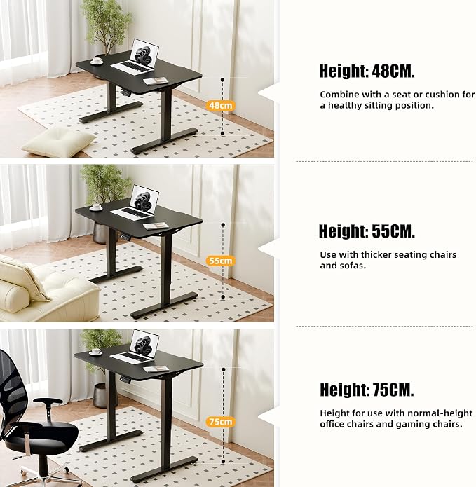 ERGOMAKER Low Height Adjustable Desk with Lockable Wheels, Lifts 18.9"-29.5", 31.5" x 23.6" Electric Small Standing Desk with Splice Board for Home Office & Short People(Black Frame, Black Desktop)