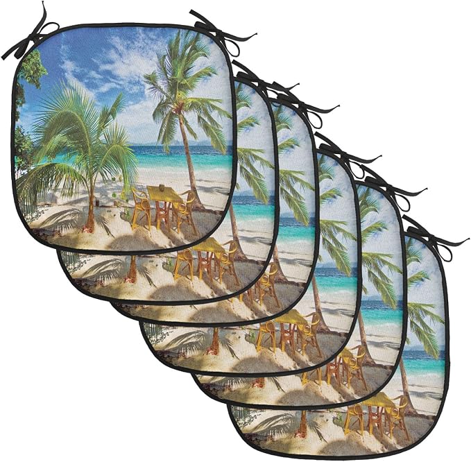 Lunarable Coastal Chair Cushion Pads Set of 6, Dining in Beach Under The Sun Rays Palm Trees Shadows Shades Vacation Image, Anti-Slip Seat Padding for Kitchen & Patio, 16"x16", Green Blue Ivory