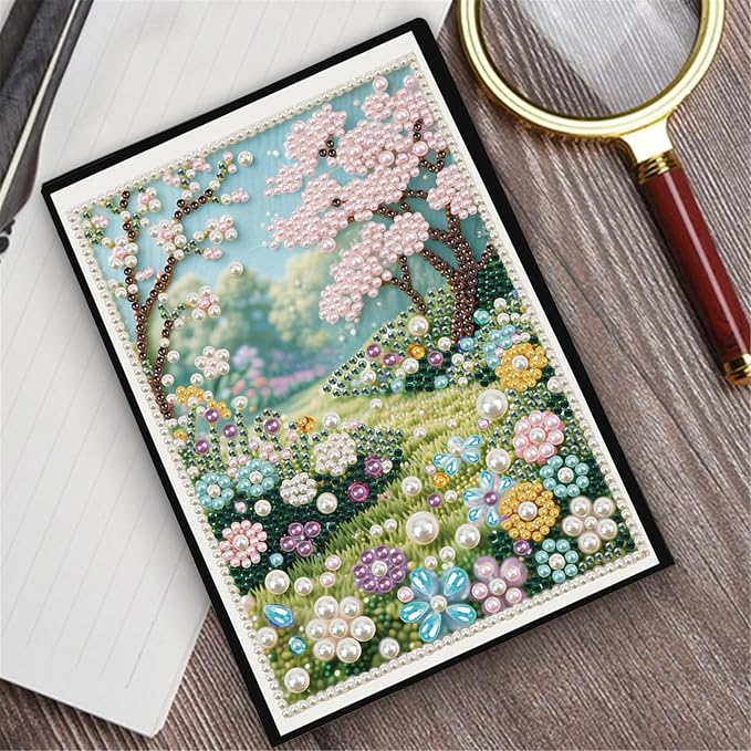 FRANDEK Pearl Painting Notebook Kit, Spring Forest A5 DIY Journal with 50 Blank Pages, Diamond Gem Art Cover with Waterproof Canvas, Beginner Craft Set with Full Tools for Adults