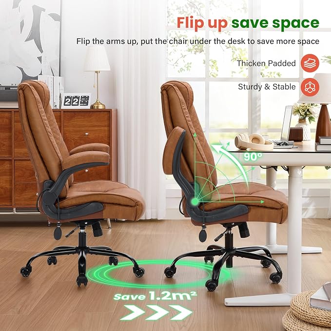 CIOMAN 500lbs Big and Tall Office Chair with Inflatable Lumbar Support, Rubber Wheels Executive Chair with Rocking Function, High Back Wide Cushion Ergonomic Desk Chair for All-Day Sitting,Brown